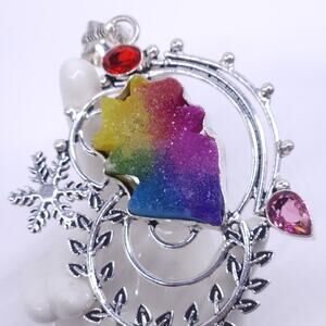 Unique Rainbow Quartz Pendant with Red Gemstones and Snowflake Design 3x2"